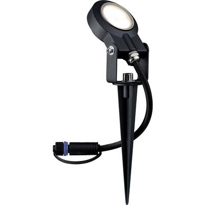 Black outdoor spotlight with ground spike and cable. Suitable for the garden. Modern design.