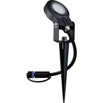 Black LED garden spotlight with spike and cable, suitable for outdoor area lighting.