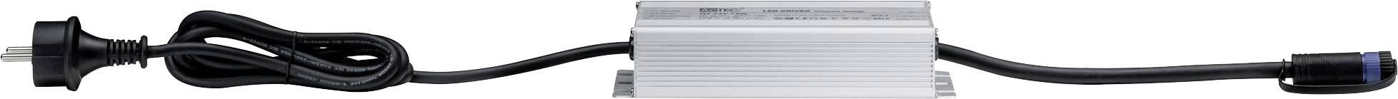 'An LED transformer with a mains cable on the left side and an output cable on the right side.'