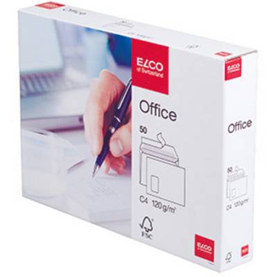 A box of ELCO Office C4 envelopes, 50 pieces, 120g/m². A person is writing with a pen on paper in the background.