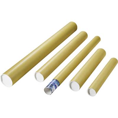 Five cardboard tubes of different sizes lying side by side. One tube shows part of a blue label with a mountain motif.