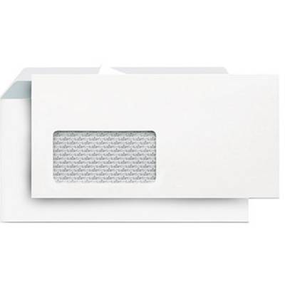 A white envelope with a window is lying on a table. The window reveals the internal protective pressure of the envelope.