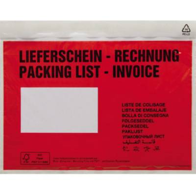 Red dispatch bag with the text 'Delivery Note - Invoice, Packing List - Invoice' and translations in multiple languages.