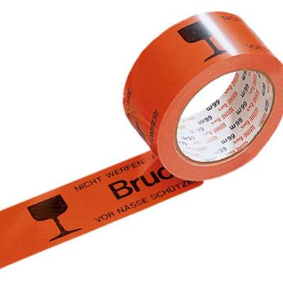 Roll of orange adhesive tape with symbols and text: 'Risk of Breakage' and 'Protect from Moisture', indicating fragile contents.