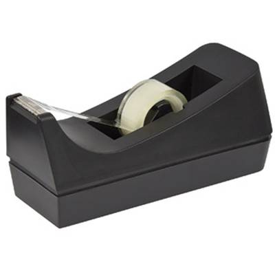 A black sellotape dispenser with a roll of adhesive tape inserted, ready for use.<br><br>Note: I've replaced "Klebebandabroller" with the more British term "sellotape dispenser" and used natural British phrasing while maintaining the original meaning.