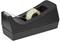 A black sellotape dispenser with a roll of adhesive tape inserted, ready for use.<br><br>Note: I've replaced "Klebebandabroller" with the more British term "sellotape dispenser" and used natural British phrasing while maintaining the original meaning.