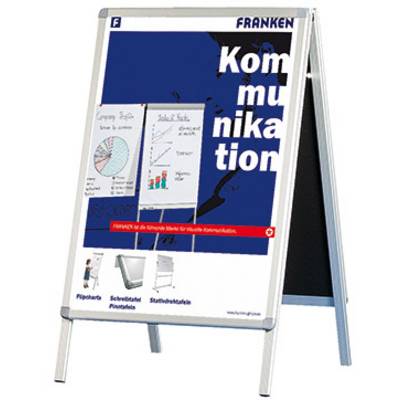 A flip stand with posters that promote communication through flip charts and presentation boards. Contains graphics and diagrams.