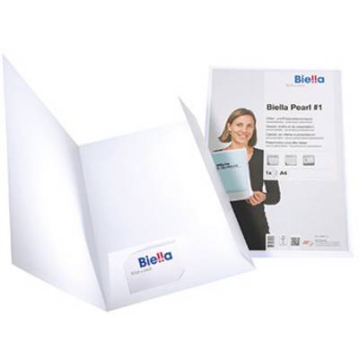 A white Biella Pearl #1 folder is presented frontally and open, showing a smiling woman holding a piece of paper.