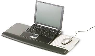 A laptop with its screen opened sits on an ergonomic stand, with a wired mouse beside it.