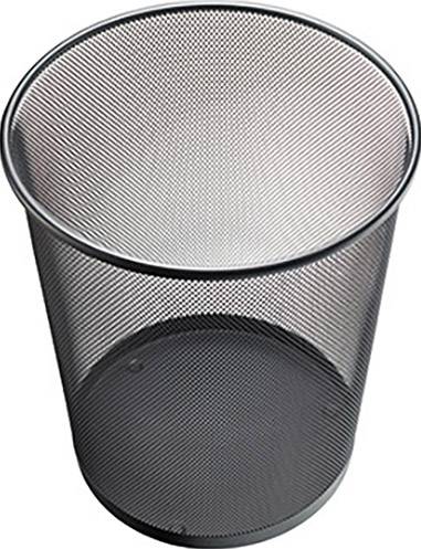 A vacant, round wastepaper bin made of metal mesh with a black rim, viewed from above.