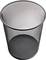 A vacant, round wastepaper bin made of metal mesh with a black rim, viewed from above.