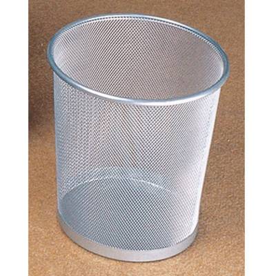 An empty, silver wastepaper bin made of metal mesh stands on a brown carpet.