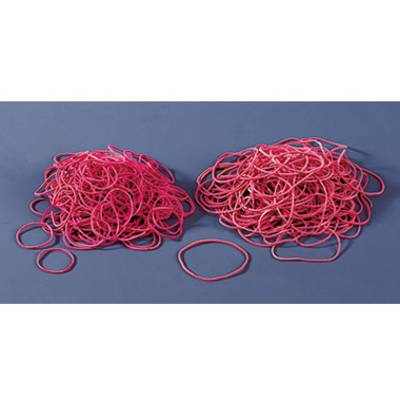 Two piles of red rubber bands on a grey background, one pile on the left and one on the right, with individual bands in front.