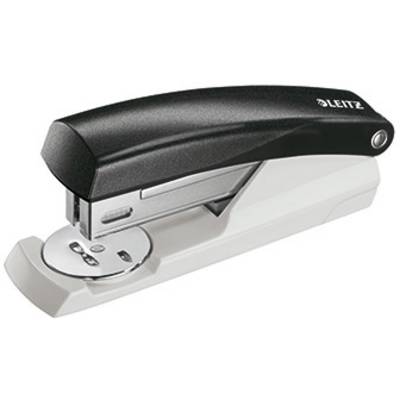 A black and white stapler by Leitz, suitable for office use.