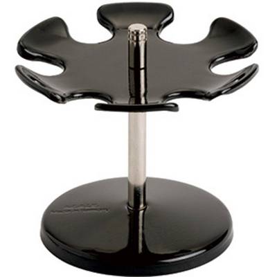 Black metal razor stand with six curved arms on a round base. Designed for storing shaving accessories.