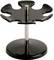 Black metal razor stand with six curved arms on a round base. Designed for storing shaving accessories.
