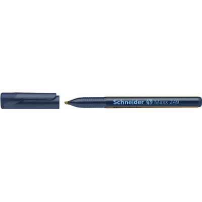 Dark blue ballpoint pen with the cap removed, showing the inscription 'Schneider Maxx 249' in white lettering.