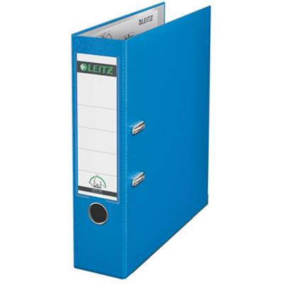 A blue Leitz folder with a labelling sticker and two silver lever mechanisms, standing upright.