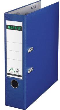Blue Leitz lever arch file with a label for writing, two metal levers for closing, and a round grip recess on the spine.