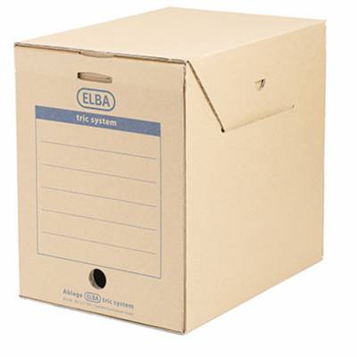 A brown archive box by 'ELBA', suitable for storing documents with a labelable field on the front.