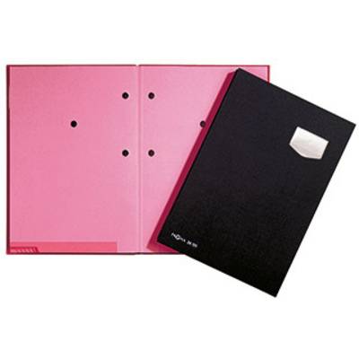 An open pink folder with holes and a black envelope lying beside it. The black envelope has a small white area.