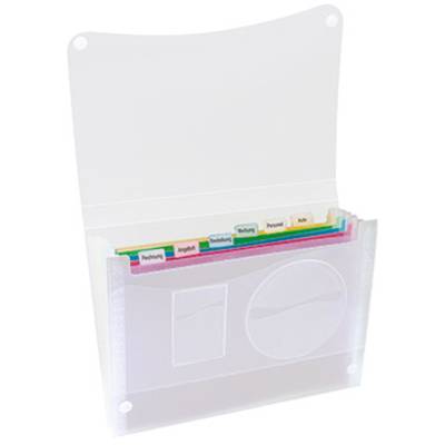 A foldable, transparent file folder with seven coloured dividers marking months from January to July.