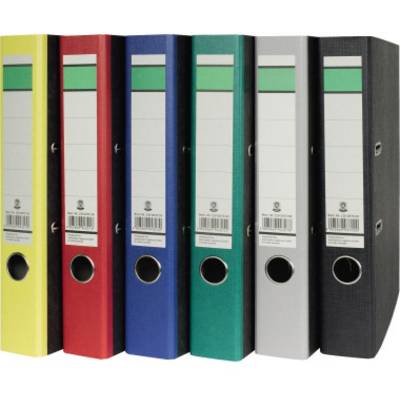 Six coloured ring binders in yellow, red, blue, green, grey and black are lined up side by side.