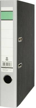 Black lever arch file with a white label and green stripe at the top. Used for organising and storing documents.