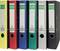 Six coloured file folders are lined up in a row: yellow, red, blue, green, grey and black. They are standing vertically with labels.