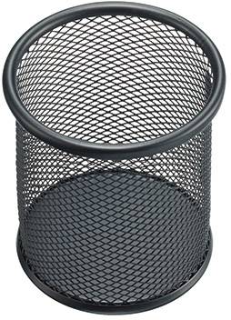 A black, round mesh metal container for storing pens or small office items on a desk.