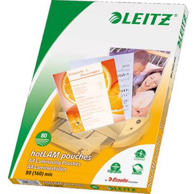 Packaging for Leitz laminating pouches A4, 80 microns, showing photos of a menu and paper insertion, green-yellow design, contains 80 sheets.