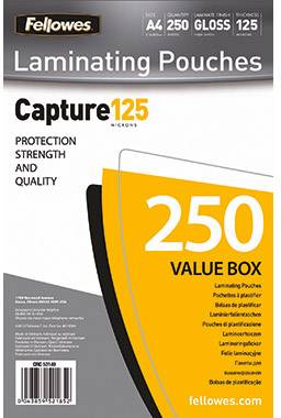 Packaging for Fellowes Laminating Pouches 'Capture 125', A4 size, 250 sheets, glossy, with protective function and high quality.