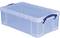 Plastic storage box with a transparent lid and black handles, suitable for storage.