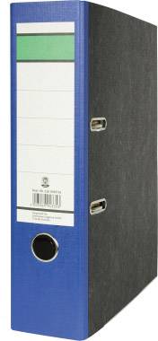 A blue lever arch file with a black spine and white labels for annotations.