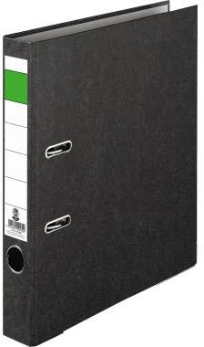 Black lever arch file with label field on the side, for storing paper documents.