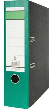Green lever arch file with a label for writing, standing on its edge.
