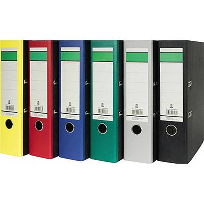 Six coloured folders in yellow, red, blue, green, grey and black are standing next to each other.