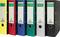 Six coloured folders in yellow, red, blue, green, grey and black are standing next to each other.