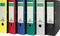 Six colourful ring binders standing upright: yellow, red, blue, green, grey and black. All have white labels on their spines.