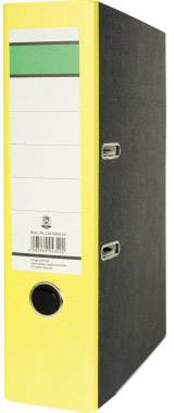 A yellow folder with a black spine, standing upright. The front has a label with lines for annotations.