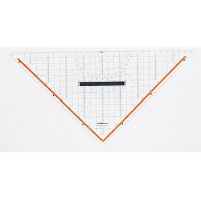 A transparent set square with orange lines along the edges and black markings, used for measuring and drawing.
