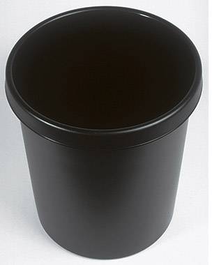 A simple black plastic rubbish bin on a white background.