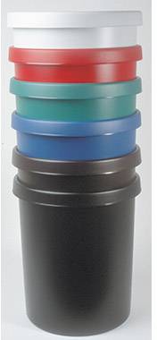 A stack of six differently coloured plastic containers: white, red, green, blue, brown and black.