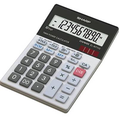 A desktop calculator with a large, tilted display shows the numbers '1234567890'. Black and colourful function buttons are present.