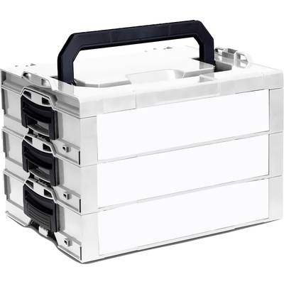 Silver stackable tool storage with a black handle, consisting of three compartments with black closures.