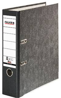 A grey folder labelled 'Falken', standing upright, side view, with metal clips and a circular hole on the front.