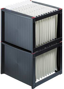 Two stackable, black filing folders with an open design and vertical compartments for document storage.