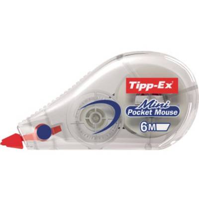 Correction roller 'Tipp-Ex Mini Pocket Mouse' with 6m tape length in a transparent casing and red-blue design.