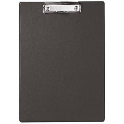 A black clipboard with a silver clip at the top, with no paper page clipped to the front.