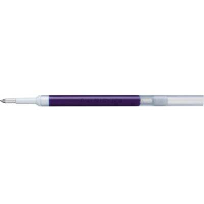 Lila and white ballpoint pen with metal tip in close-up.